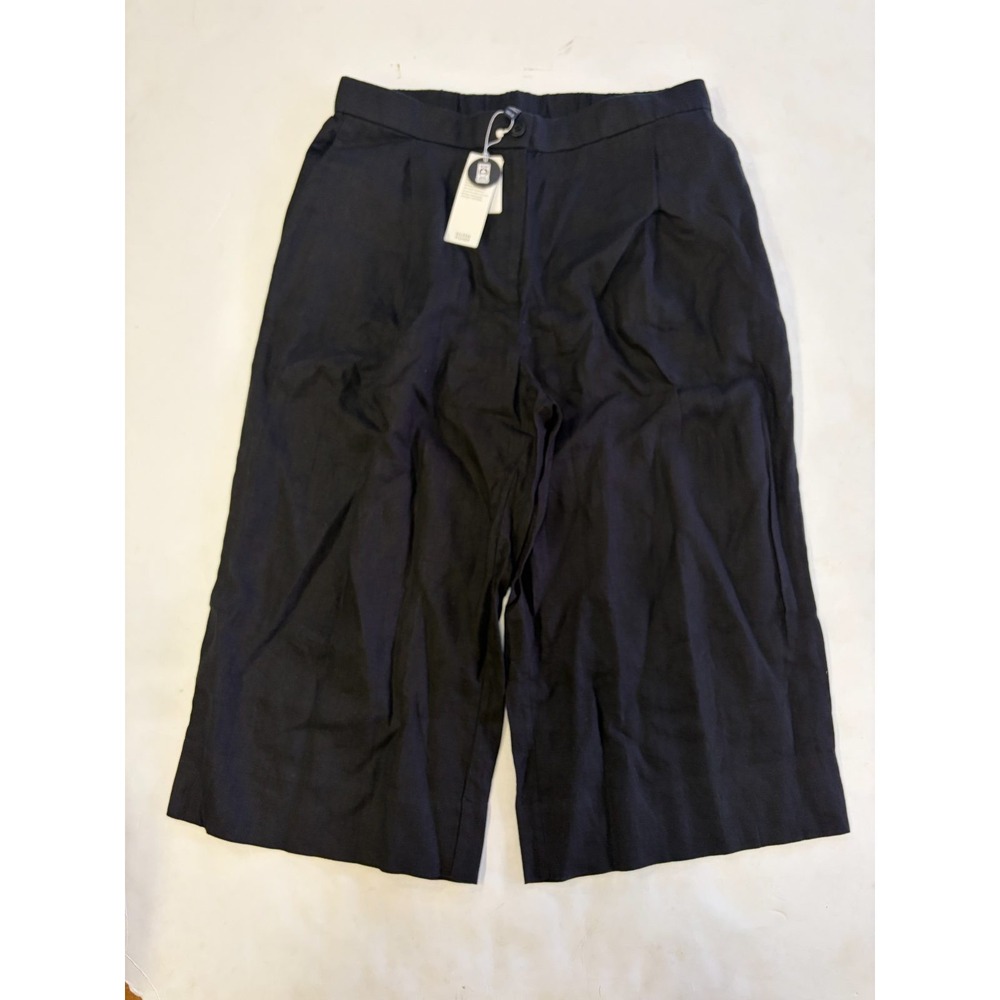 Eileen Fisher Organic Linen Pleated Wide Leg Crop Trouser Black Medium NWT